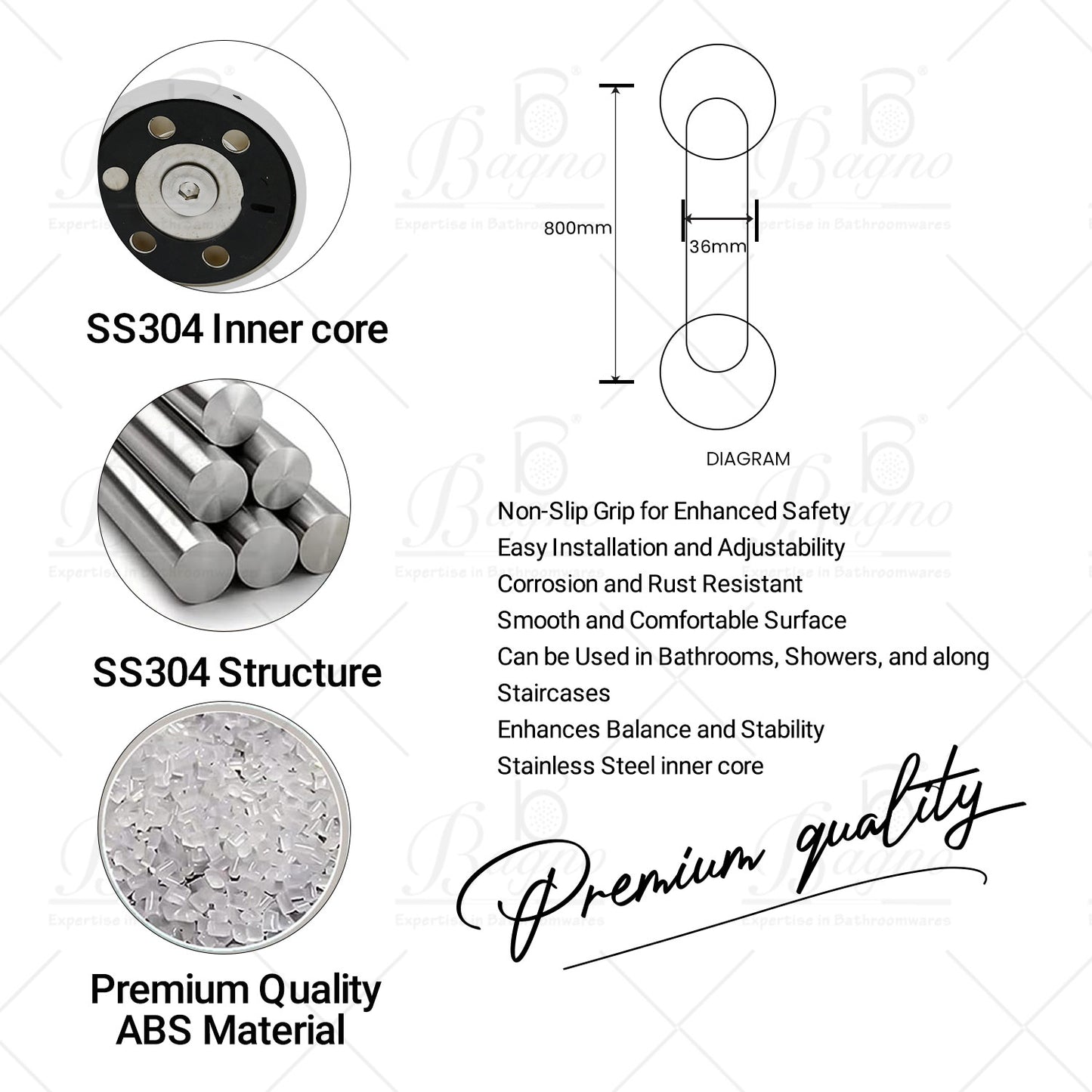 B BAGNO foldable 8814 304 ss safety bar, ss grab bar for bathroom safety with tissue holder 600MM