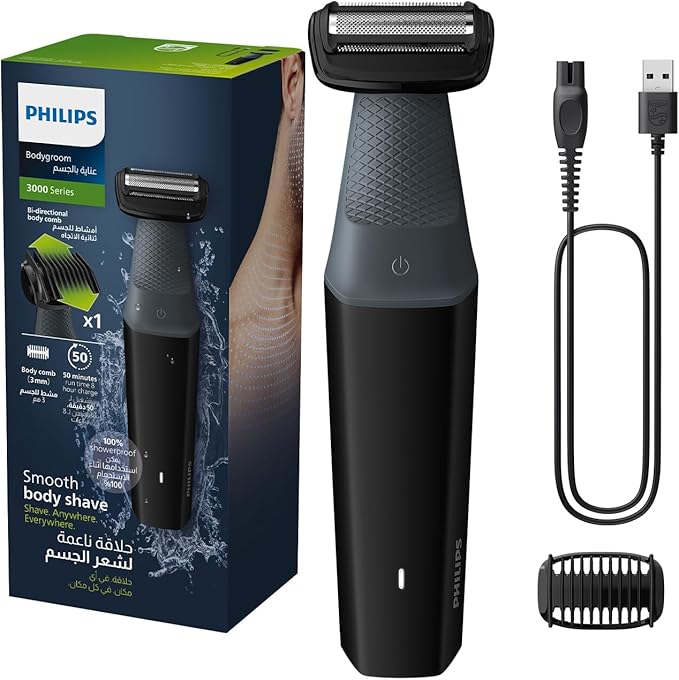 Philips Bodygroom BG3017/01 | Showerproof Groin & Body Trimmer | Hypoallergenic Blades, Close & Comfortable Shave, 3mm Comb | 50min Cordless, Ergonomic Grip