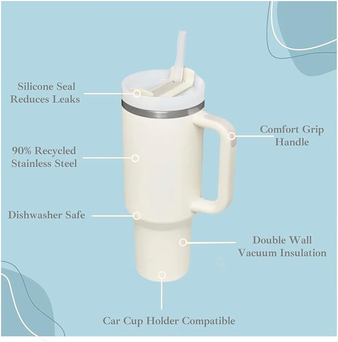 The Quencher H2.0 FlowState Stainless Steel Vacuum Insulated Tumbler with Lid & Straw, Leakproof Cup, BPA-Free for Water, Iced Tea, Coffee, Smoothies & More – | 1.2Litre 40 oz Cream |