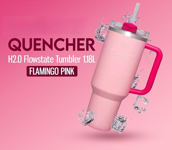 Quencher H2.0 FlowState Stainless Steel Vacuum Insulated Tumbler with Straw, Lid, Spill Stopper, Cleaning Brush & Random Topper for Water, Iced Tea, Coffee & Smoothies – | 1.2Litre 40 oz Pink |