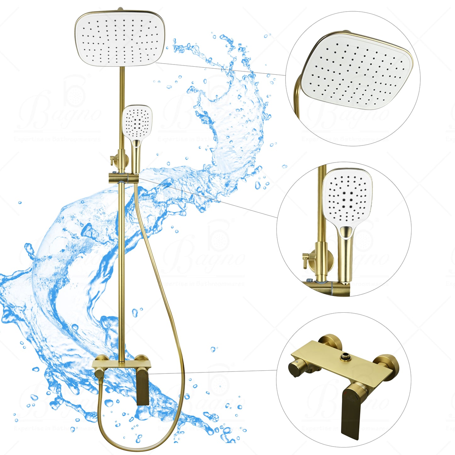 B BAGNO complete shower system fixture 3403-2 matt gold full brass, adjustable shower height and hand shower