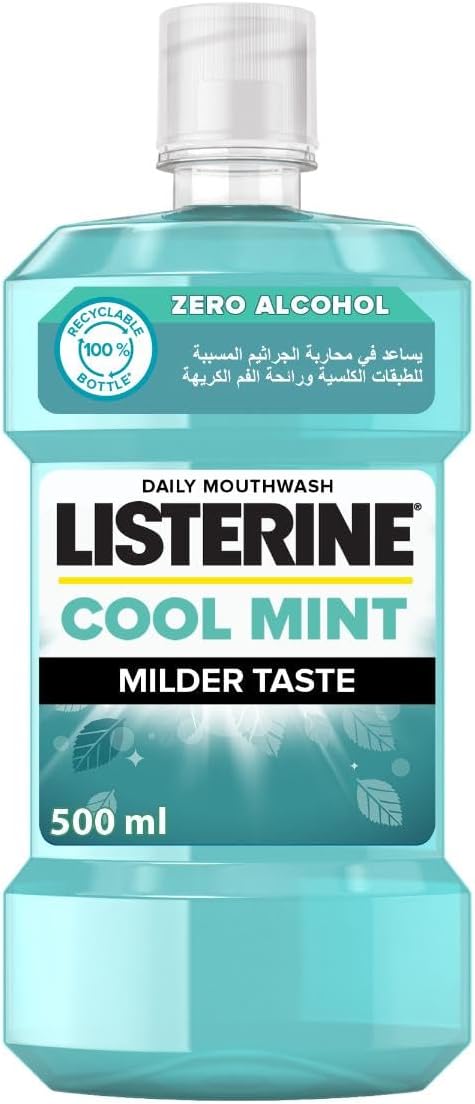 Listerine Cool Mint Milder Taste Mouthwash, 500ml, Mouth Freshener from Listerine for a Fresh Healthy Breath, Strengthens Teeth with Sodium Fluoride, Refreshing Sensation, for a Healthier Mouth