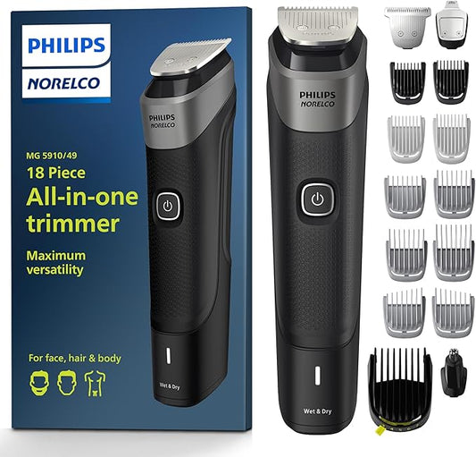 NEW Philips Norelco Multigroom Series 5000 18 Piece, Beard Face, Hair, Body and Intimate Hair Trimmer for Men - NO BLADE OIL MG5910/49