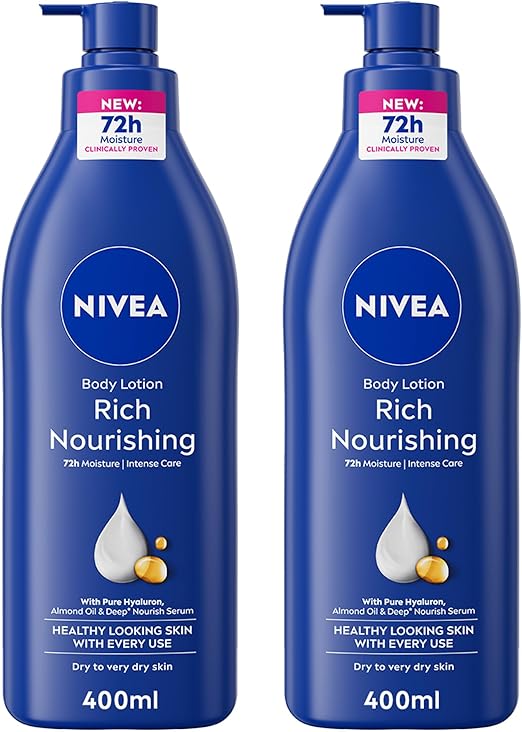 NIVEA Body Lotion for Dry to Very Dry Skin, Rich Nourishing, 5in1 Complete Care, 72H Intense Moisture, 2x400ml, Pack of 2