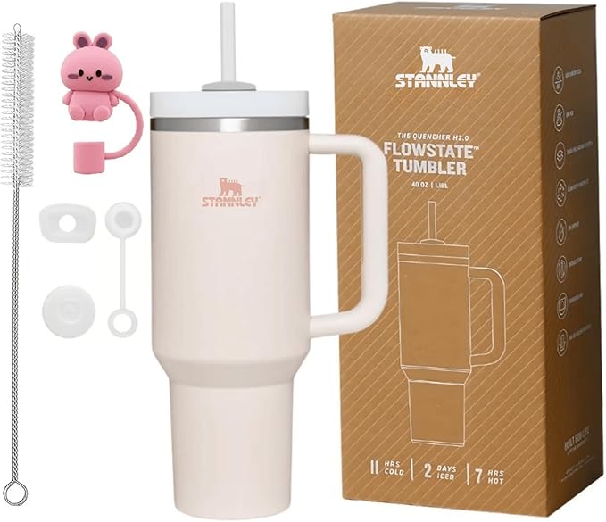 Quencher H2.0 FlowState Stainless Steel Vacuum Insulated Tumbler with Straw, Lid, Spill Stopper, Cleaning Brush & Random Topper for Water, Iced Tea, Coffee & Smoothies – | 1.2Litre 40 oz RoseQuartz |