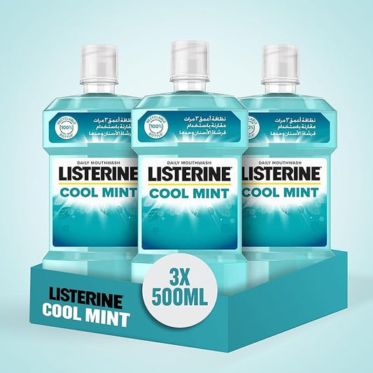 Listerine, Cool Mint Daily Mouthwash, Mint Flavour, kills 99% of germs that cause plaque and bad breath, when used twice daily, 500ml (Pack of 3)