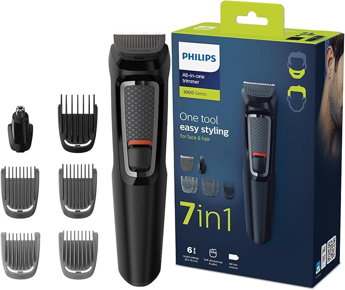 Philips Multigroom 3000 MG3720/33 | 7-in-1 All-in-One Trimmer for Face & Hair | Maintenance-Free Blades, Nose & Ear Trimmer | 60min Cordless Use, Includes Nose & Ear Trimmer, Hair & Beard Combs