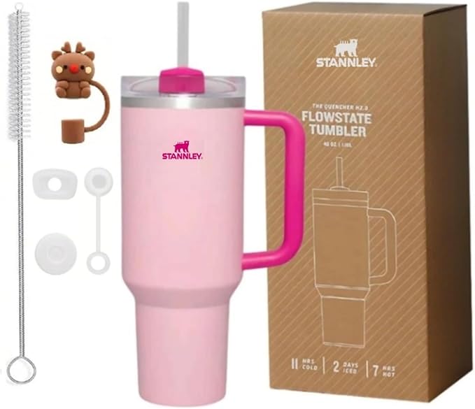 Quencher H2.0 FlowState Stainless Steel Vacuum Insulated Tumbler with Straw, Lid, Spill Stopper, Cleaning Brush & Random Topper for Water, Iced Tea, Coffee & Smoothies – | 1.2Litre 40 oz Pink |