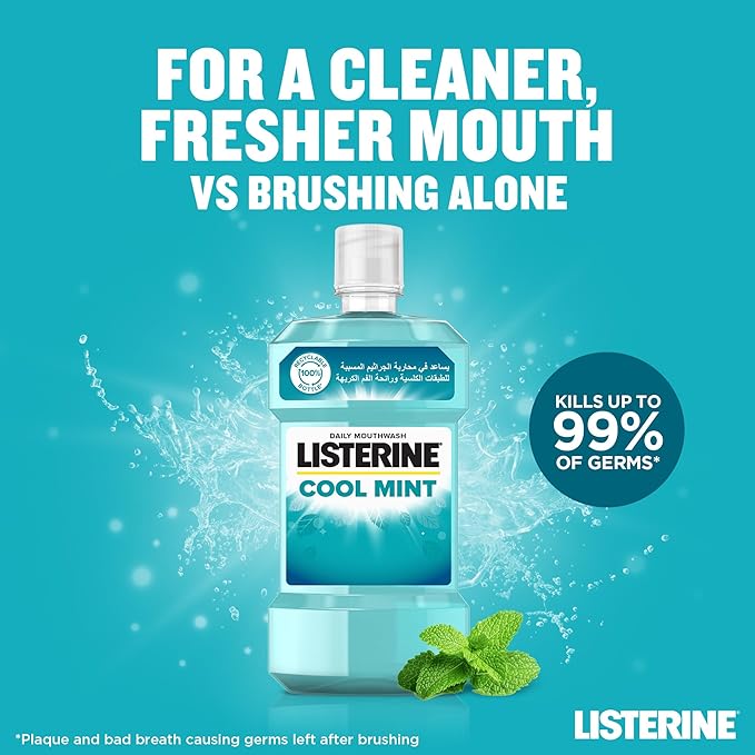 Listerine, Cool Mint Daily Mouthwash, Mint Flavour, kills 99% of germs that cause plaque and bad breath, when used twice daily, 500ml (Pack of 3)