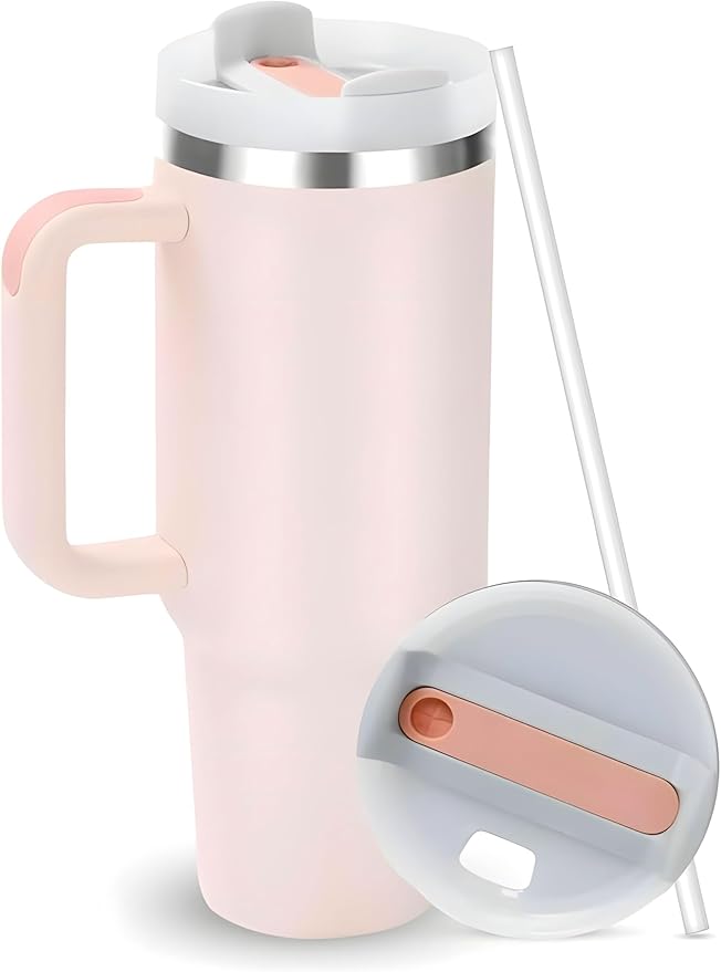 Quencher H2.0 FlowState Stainless Steel Vacuum Insulated Tumbler with Straw, Lid, Spill Stopper, Cleaning Brush & Random Topper for Water, Iced Tea, Coffee & Smoothies – | 1.2Litre 40 oz RoseQuartz |