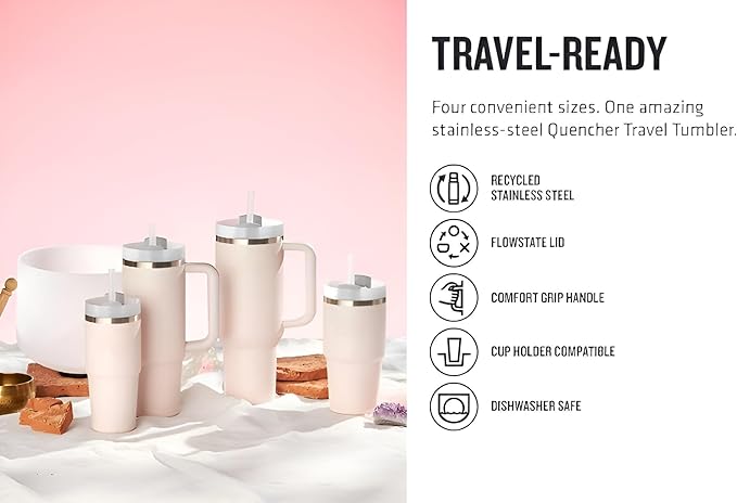 Quencher H2.0 FlowState Stainless Steel Vacuum Insulated Tumbler with Straw, Lid, Spill Stopper, Cleaning Brush & Random Topper for Water, Iced Tea, Coffee & Smoothies – | 1.2Litre 40 oz RoseQuartz |