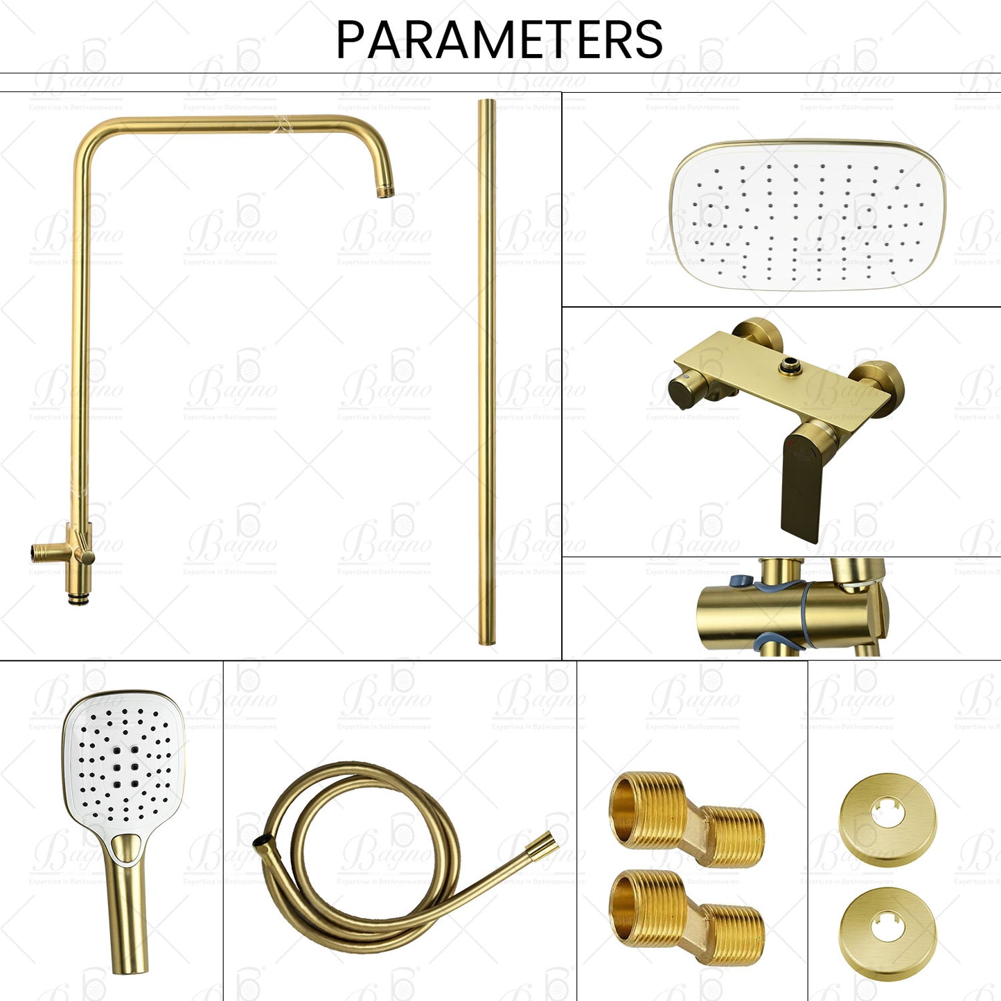 B BAGNO complete shower system fixture 3403-2 matt gold full brass, adjustable shower height and hand shower