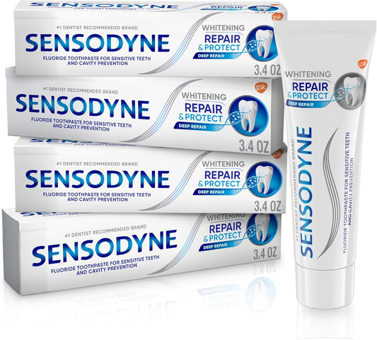 Sensodyne Repair and Protect Whitening Toothpaste, Toothpaste for Sensitive Teeth and Cavity Prevention, 3.4 oz (Pack of 4)