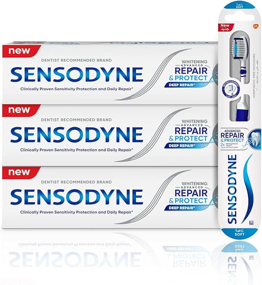 Sensodyne Sensitive Teeth Regime Kit with 3 Repair and Protect Whitening Toothpaste 1 Soft Toothbrush